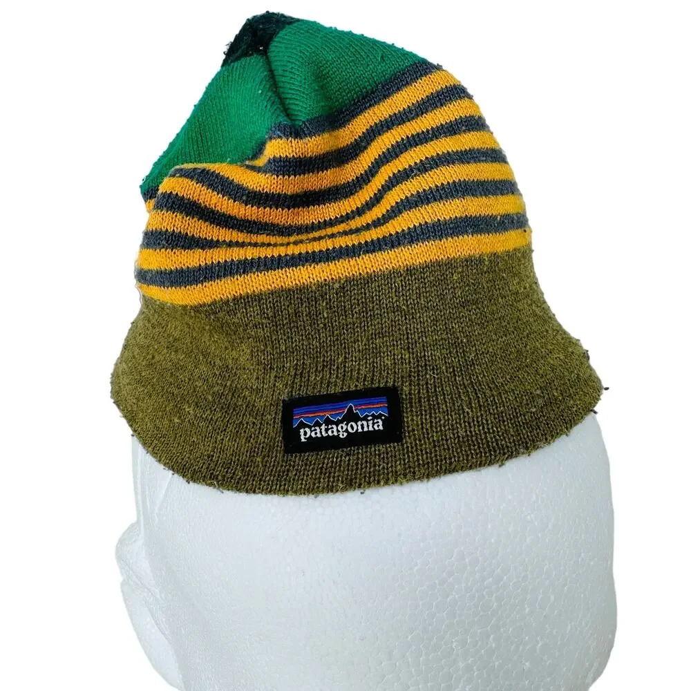 Patagonia Toddler Beanie Hat Striped Pattern‎ Knit Logo Patch Green Yellow Boys